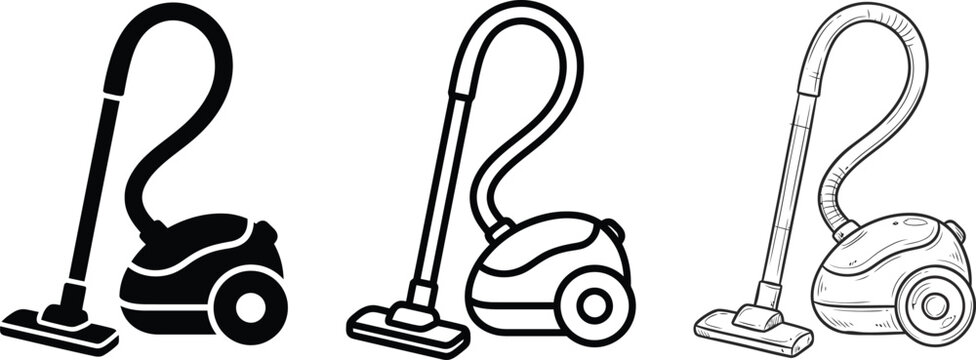 Vacuum cleaner household appliance icons set in different design styles with hand drawn appliance household cleaning electronic housework