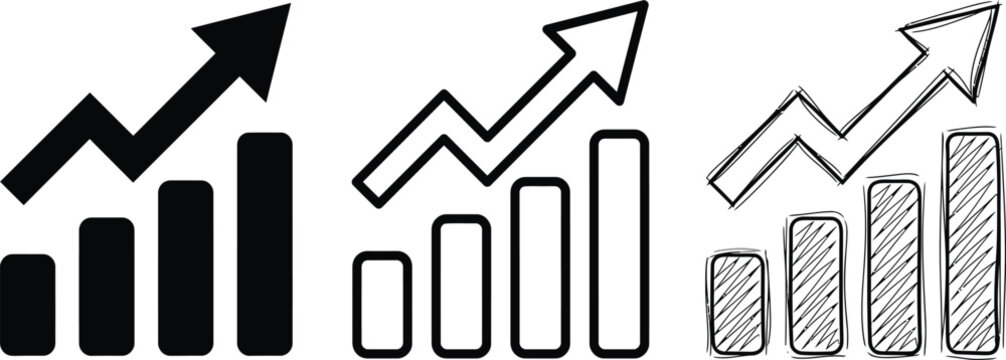 Financial growth bar chart icons featuring arrow trend in three styles of solid fill bold outline and hand drawn sketch for business analysis