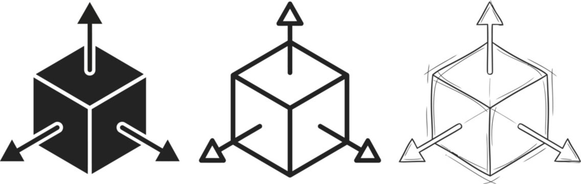 Three dimensional box icon with directional arrows in solid outline sketch styles dimension direction geometry position illustration