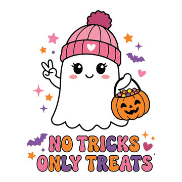 Cute kawaii ghost halloween shirt design for kids adults 'no tricks only treats' graphic tee
