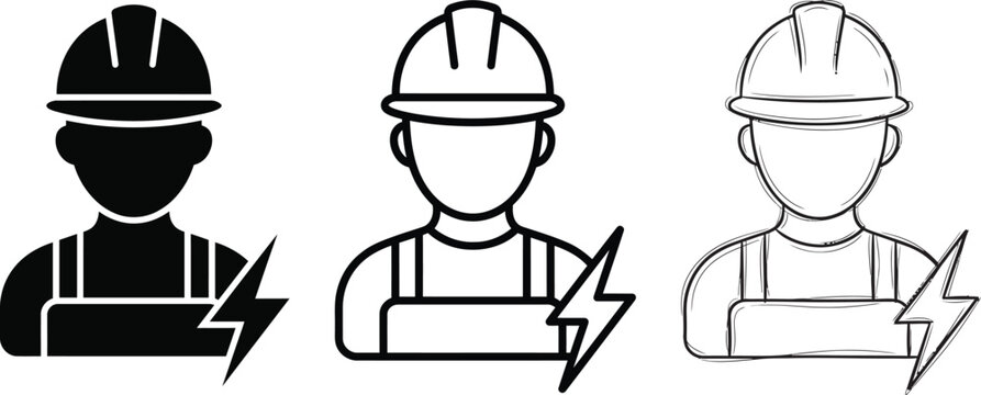 Electrician or power utility worker icon with safety helmet and bolt in three styles hard hat job role electrician electricity construction