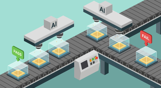 Automated AI inspection system on a conveyor belt with pass and fail indicators, concept for quality control, manufacturing process and technology integration