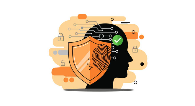 Secure digital human head profile with fingerprint shield and circuit board, representing AI security and cybersecurity concepts, ideal for technology and data protection themes.