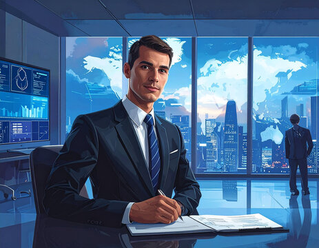 Businessman working at desk in modern office with city view