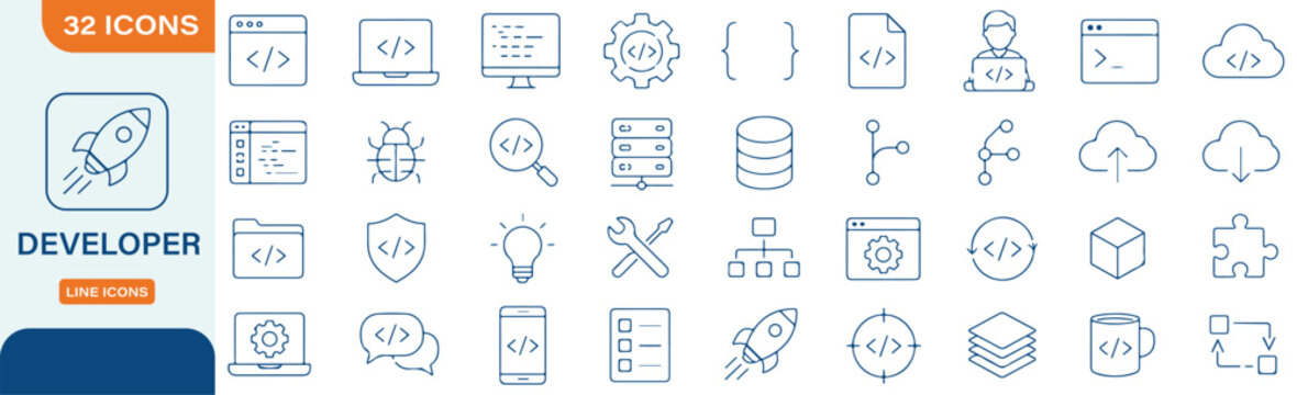 Developer Line Icons Set. Web Development, Coding, Software Engineering, Programming Languages, Cloud Hosting and Database Outline Icons for Web and Mobile UI. Vector Editable Stroke