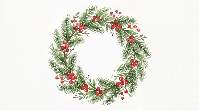Festive watercolor christmas wreath featuring lush green pine branches and vibrant red berries arranged in a beautiful circular pattern on a clean white textured paper background