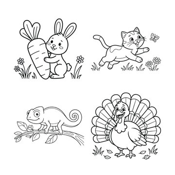 Cute animal illustrations set rabbit cat chameleon and turkey