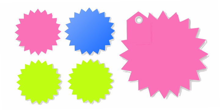 Starburst shaped badges in pink blue and green colors