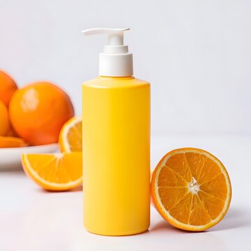 A vibrant yellow bottle of hand sanitizer next to fresh orange slices