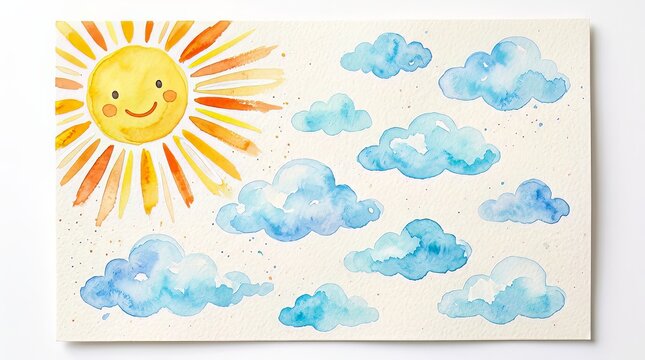 Bright yellow smiling sun character with vibrant orange rays surrounded by fluffy blue watercolor clouds painted on textured white paper in a whimsical children art style