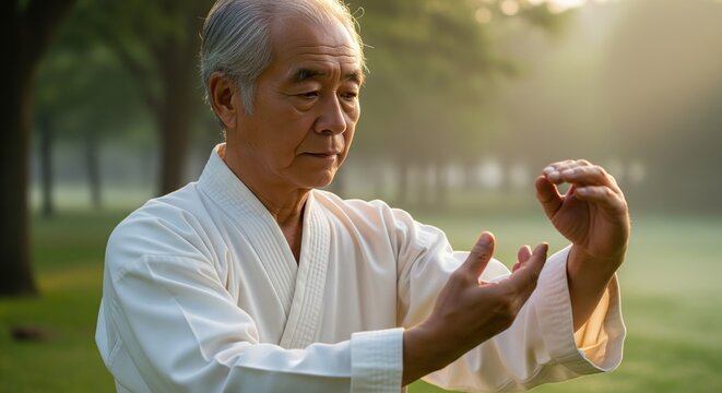 Focused Elderly Man Practicing Tai Chi Movements In A Peaceful Park During Soft Golden Hour