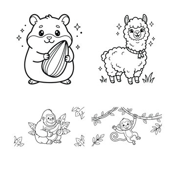 Cute animal coloring pages hamster alpaca gorilla and monkey illustration