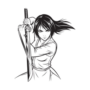 Female samurai warrior holding katana sword in combat pose anime style vector illustration
