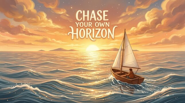 A lone sailboat navigates the vast ocean towards a glowing sunset horizon, inspiring dreams and adventure