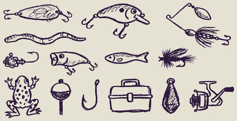 A collection of hand-drawn fishing lures, bait, and gear, sketched on a textured background. © Riki