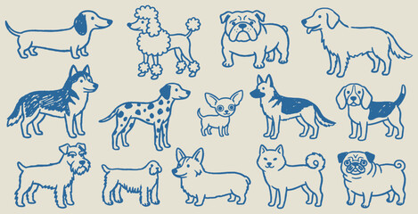 A charming collection of hand-drawn dog breeds in a simple blue line art style on a textured background. © Riki