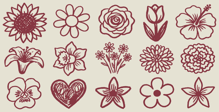 Collection of Hand-Drawn Floral Illustrations and a Heart Symbol.