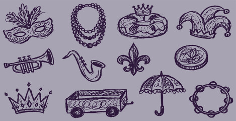 Collection of hand-drawn Mardi Gras icons including a mask, trumpet, saxophone, crown, and jester hat. © Riki