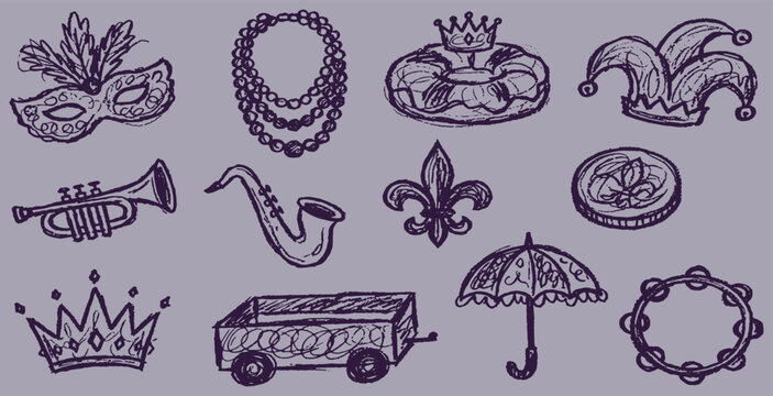 Collection of hand-drawn Mardi Gras icons including a mask, trumpet, saxophone, crown, and jester hat.