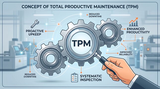 Total Productive Maintenance TPM concept illustration, industrial manufacturing optimization infographic, proactive upkeep and systematic inspection diagram