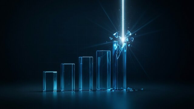 Glass bar chart growing taller until final column shatters from intense laser light impact representing business breakthrough success innovation rapid market growth and peak performance in finance.