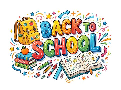 Colorful back to school illustration with backpack books and stationery