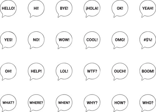 Set of circular speech bubbles with text expressions and questions