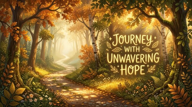 Enchanting autumn forest path bathed in golden sunlight with motivational quote "Journey with Unwavering Hope"