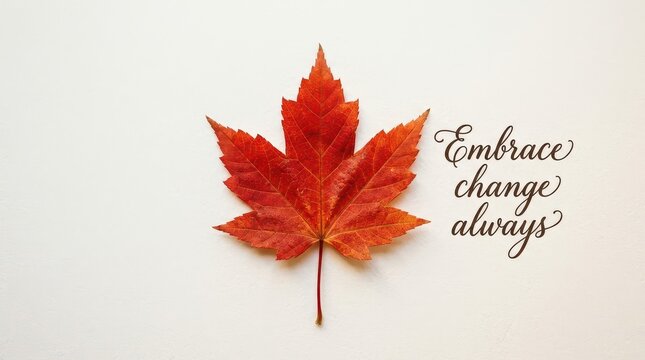 Bright red maple leaf and inspirational quote 'Embrace change always' on a clean white background, symbolizing autumn transformation and new beginning