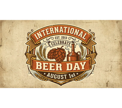 International Beer Day celebration badge with retro beer barrel design. Vintage beer festival emblem for August 1st promotions and brewery events.