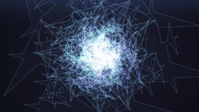 An abstract digital visualization featuring interconnected glowing lines and clusters against a dark background, illustrating concepts of technology innovation, data networks, and artificial