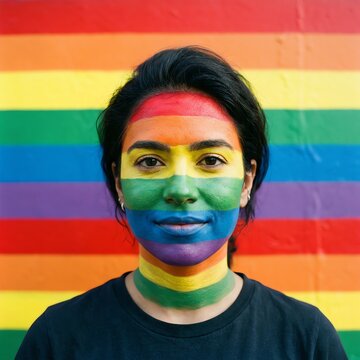 Person with Rainbow Flag Face Paint Smiling Against Colorful Background