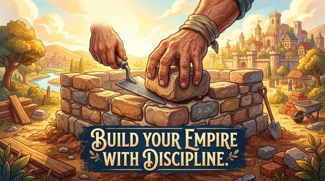 Building an Empire: Hands lay bricks to construct a castle city with a motivational quote in a scenic landscape.