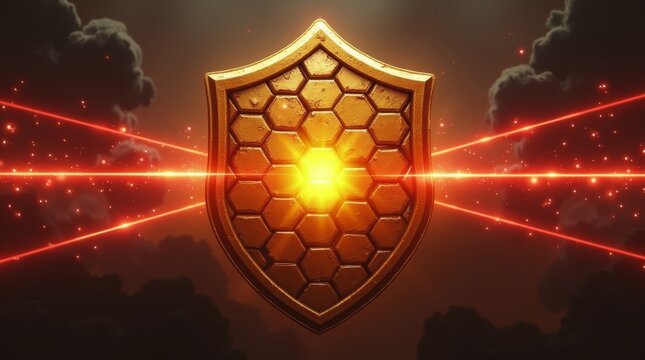 Abstract golden shield with hexagonal pattern and glowing laser light energy beams.