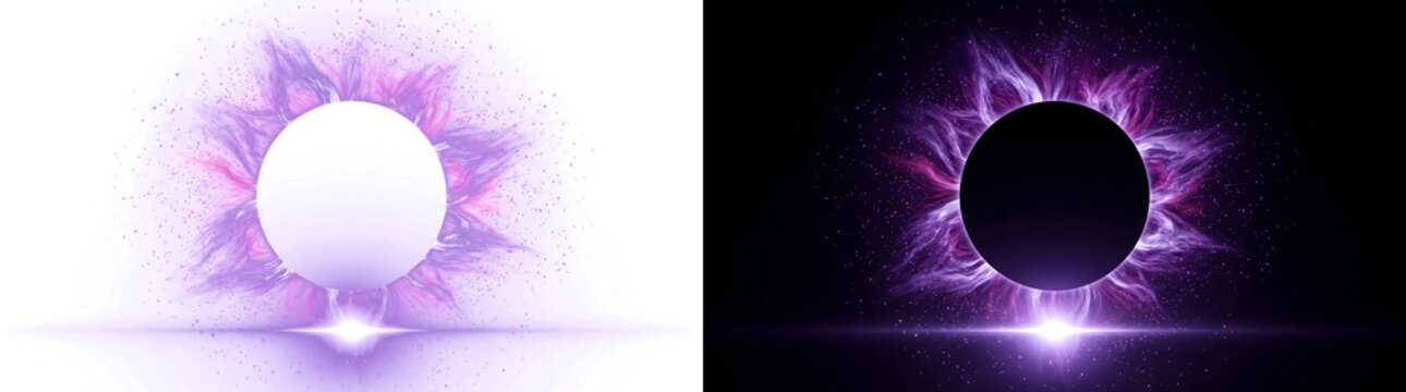 Solar Eclipse dark circle surrounded by wispy purple flames and sparkling stardust for astronomy designs in PNG, Transparent and Black Background Versions