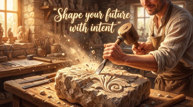 Artisan sculptor creating intricate stone carving with chisel and mallet in workshop, shaping future with intent