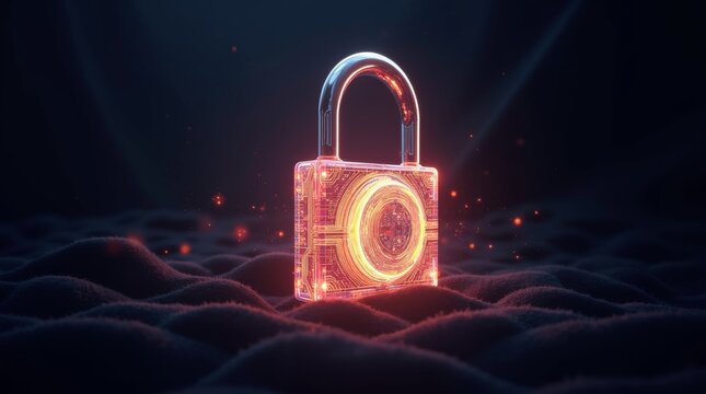 Glowing futuristic digital padlock security concept on abstract dark landscape.