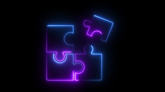 Abstract glowing neon Jigsaw Puzzle Pieces Icon Animation on black Background. 4k motion graphics animation.