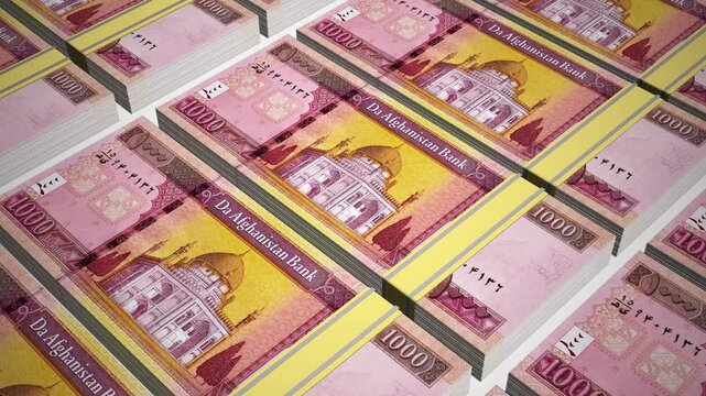 Stacks of 1000 AFN or One Thousand Afghanistan Afghani banknotes or currency. Neat Rows of Afghan 1000 Afghani Bank note in 3D Motion. 4k Animation.