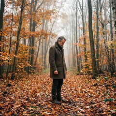 Fototapeta premium Man walking alone in autumn forest on foggy day, fallen leaves, warm coat