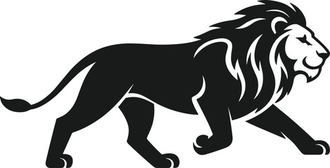 Black silhouette of a walking lion with a stylized mane on a white background Keywords: lion, animal, mammal, big cat, feline © Mdsalman