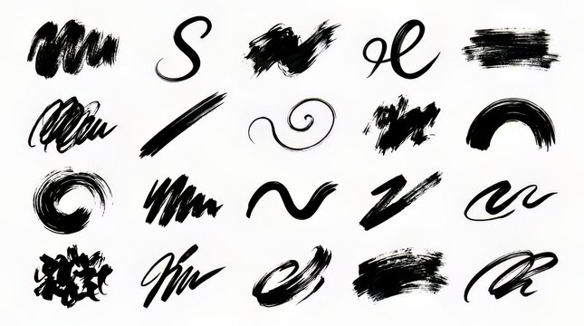 Collection of diverse black ink brush strokes featuring artistic calligraphy lines messy scribbles and textured hand drawn shapes isolated against a clean white paper background