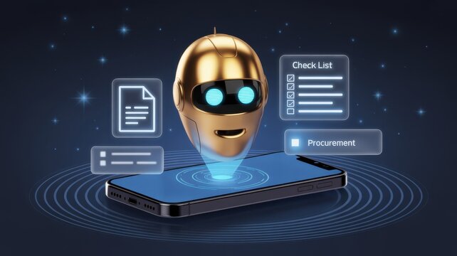 Golden Robot Head Analyzing Data on Digital Interface with Blockchain Technology