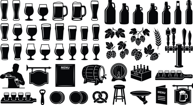 Craft beer brewery icon set black silhouette graphic elements for pub restaurant bar menu design