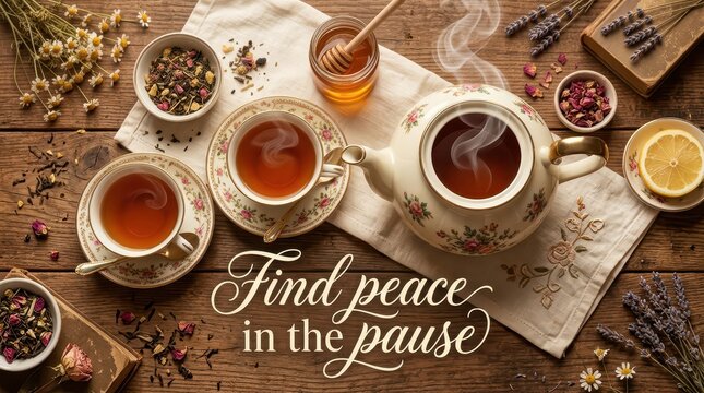 Cozy high tea ritual with steaming teapot, cups of tea, honey, dried flowers, and lemon on a rustic wooden table