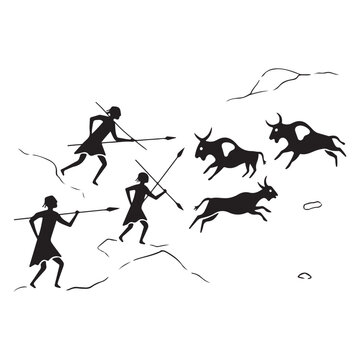 Primitive cave painting vector illustration of hunters with spears chasing wild bulls for historical and tribal themes