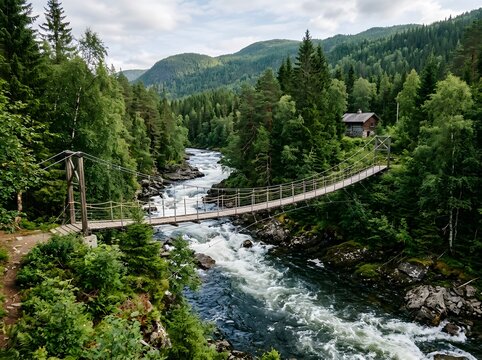 Suspension bridge over a mountain river in a lush green norwegian forest