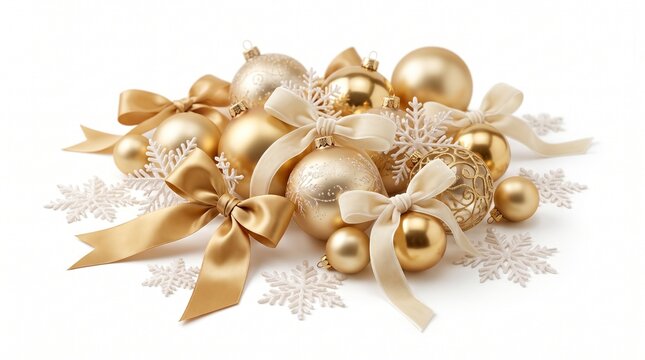 Elegant golden christmas ornaments with ribbons and snowflakes festive holiday decor
