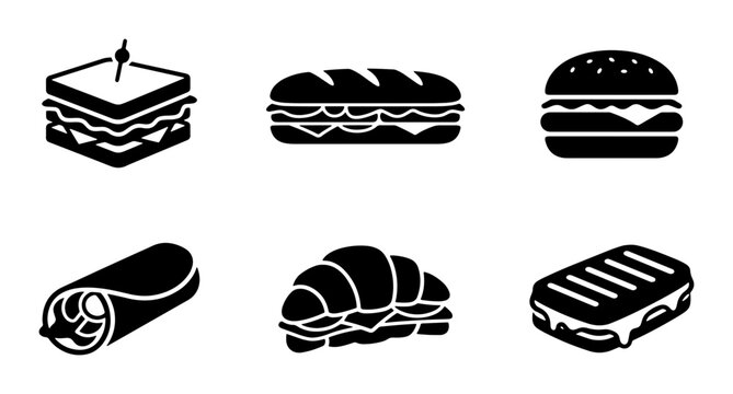 Vector Sandwich Icons Set: Burgers, Subs, Croissants, Wraps, Toasted Sandwiches