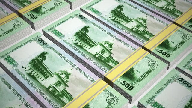 Stacks of 500 BDT or Five Hundred Bangladesh Taka banknotes or currency. Neat Rows of Bangladeshi 500 Taka Bank note in 3D Motion. 4k Animation.